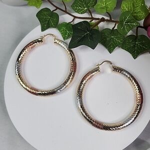 Gold Swirl Diamond Cut Tube Hoop Earrings